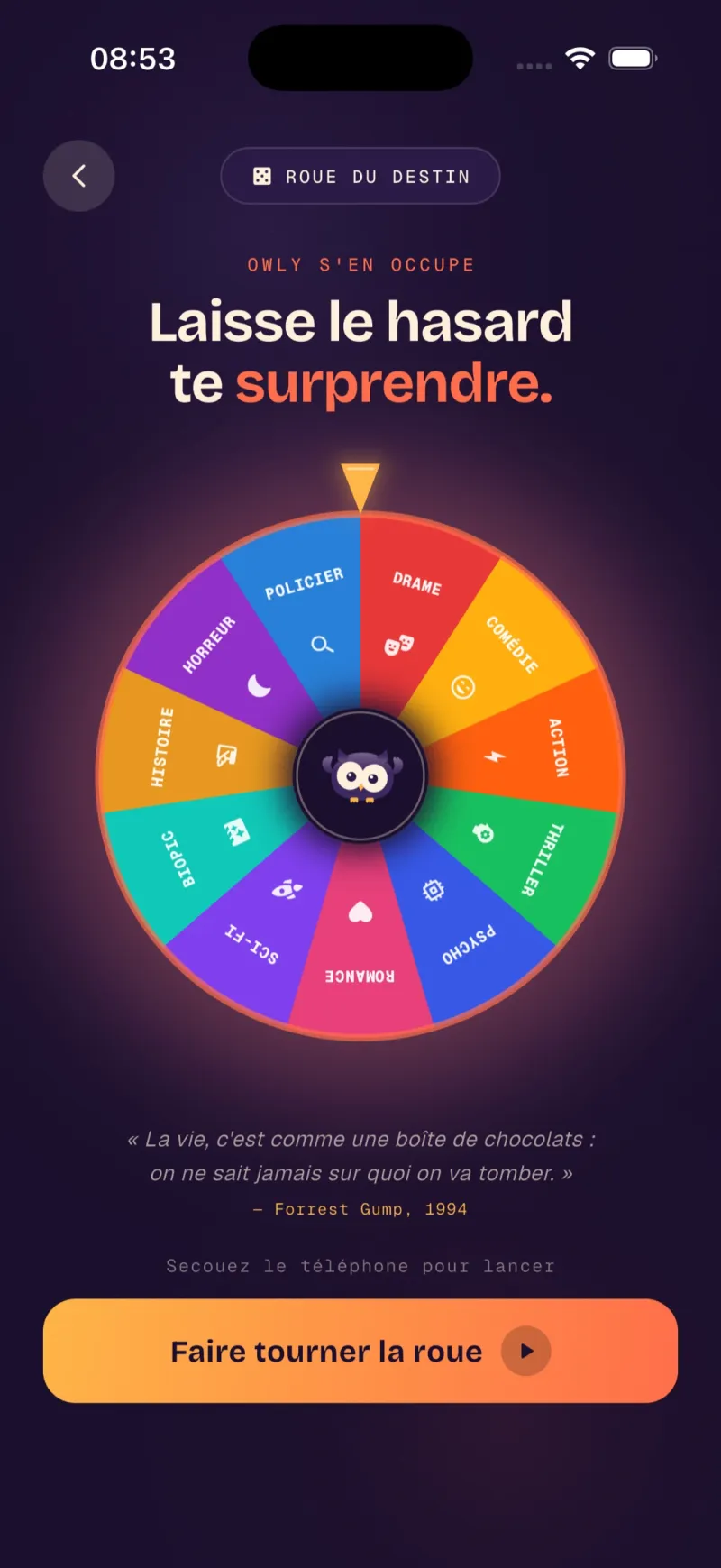Écran Roue du destin dans l'app